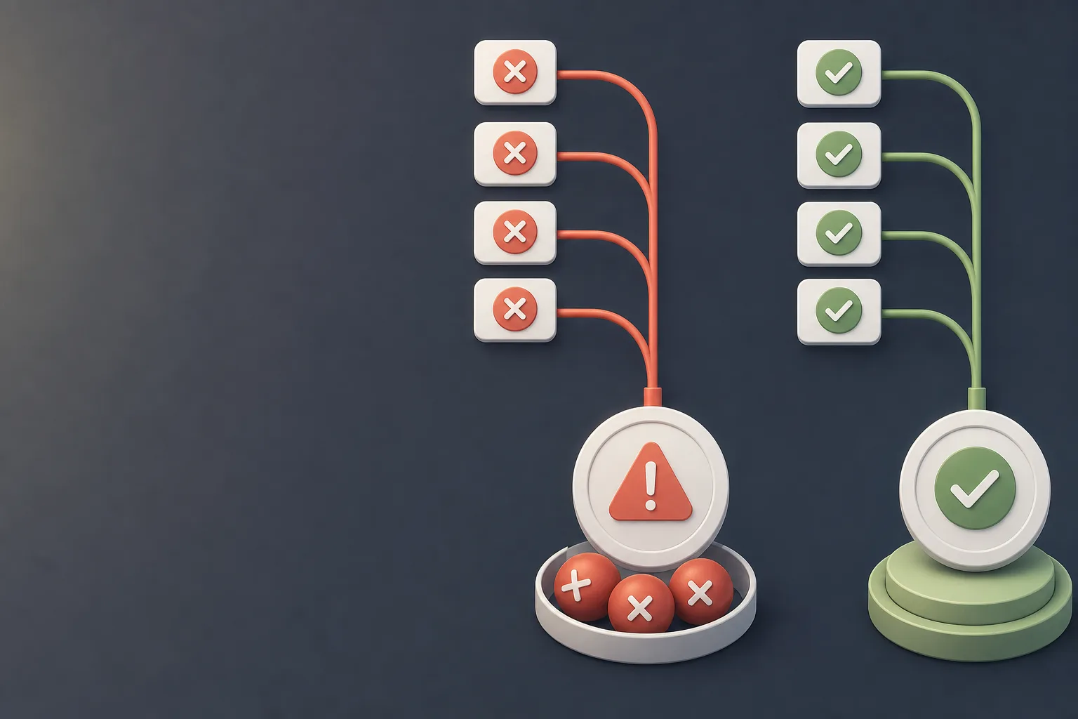 AI-generated editorial illustration of several promise branches converging into one aggregate failure card.