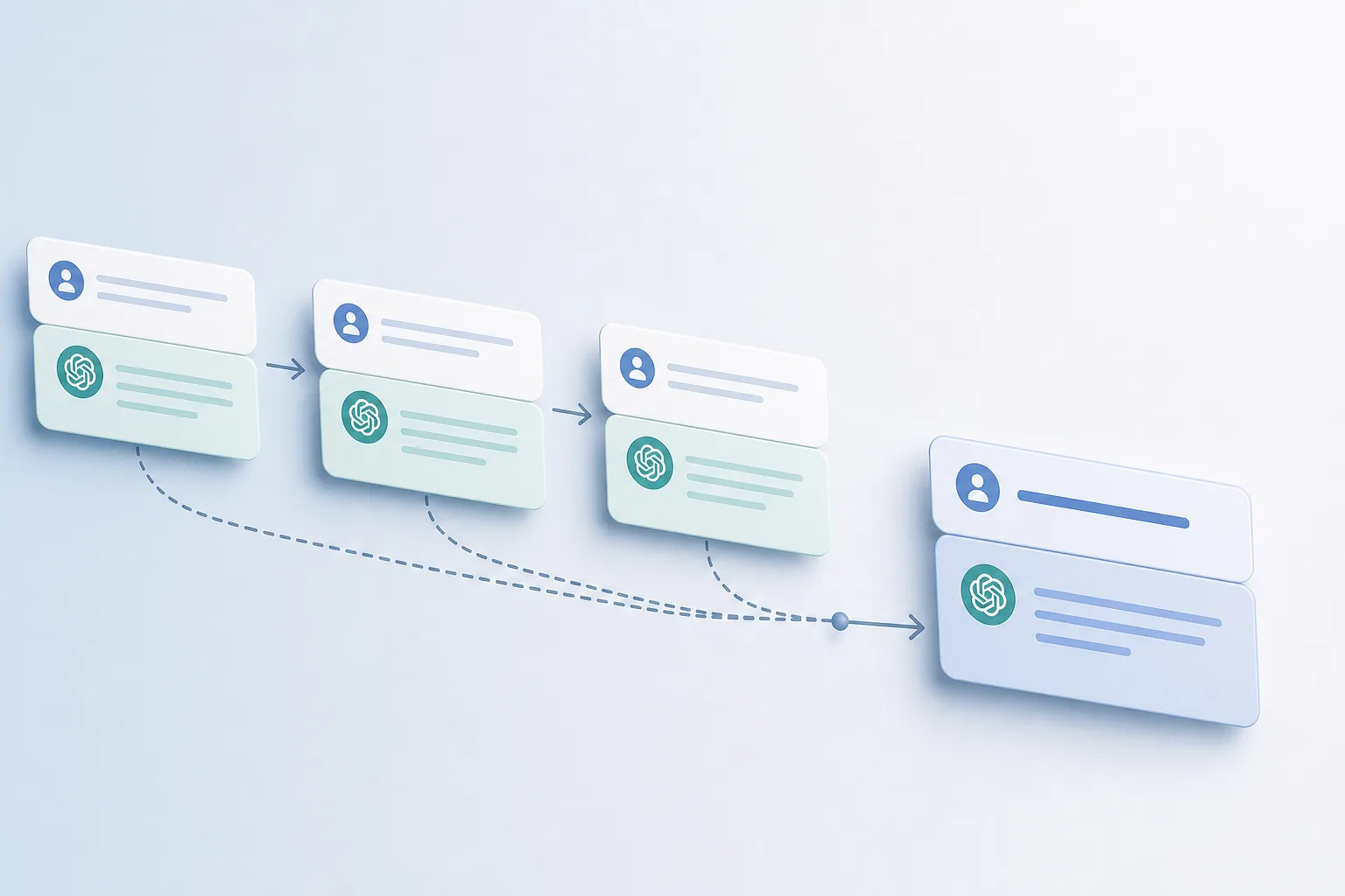 AI-generated editorial illustration of a response chain branching into a reusable transcript and a narrow follow-up request.