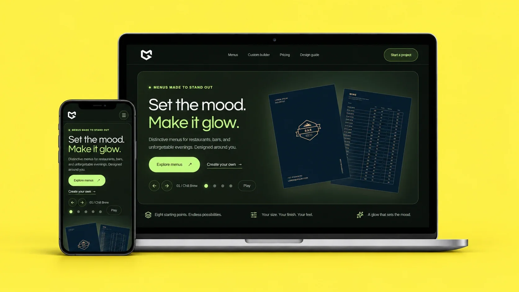 Glow Menu desktop and mobile design preview